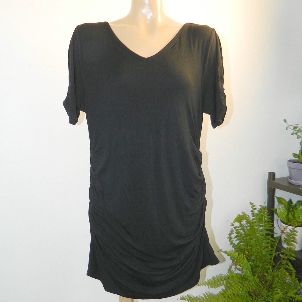 Soft Surroundings Ruched Side V-Neck Top Women Medium Black Short Sleeve Bodycon